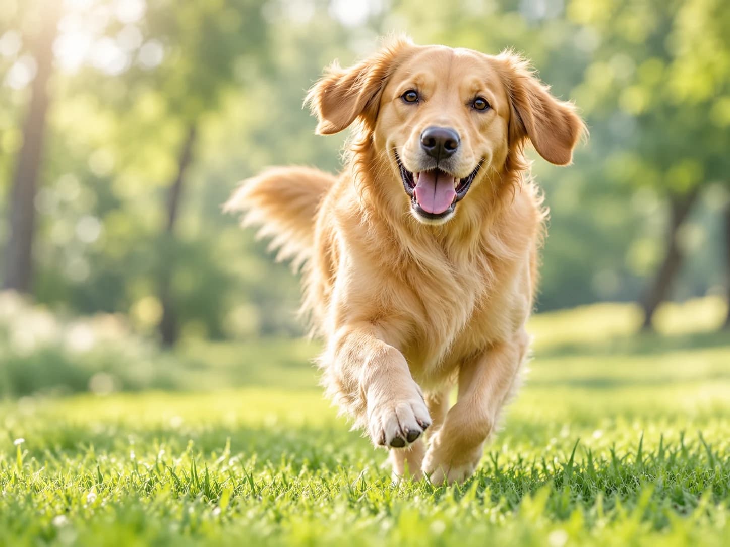 Golden retriever correndo na grama em um parque ensolarado