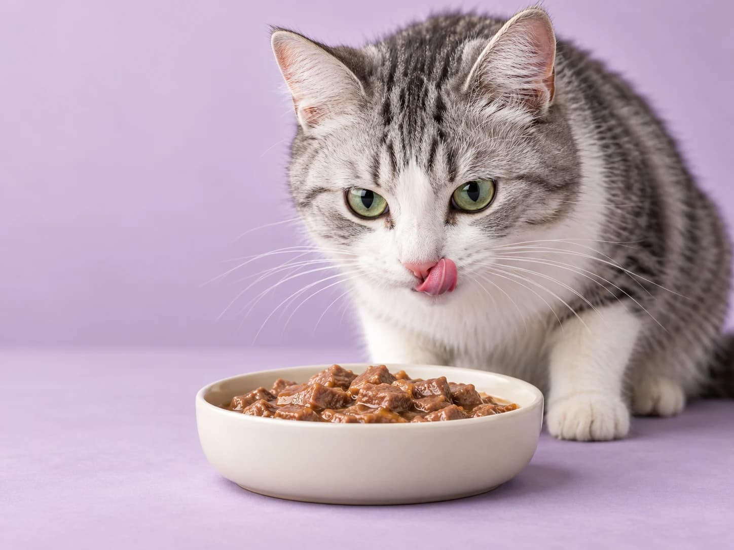 Gato saboreando alimento úmido em uma tigela sobre fundo lilás