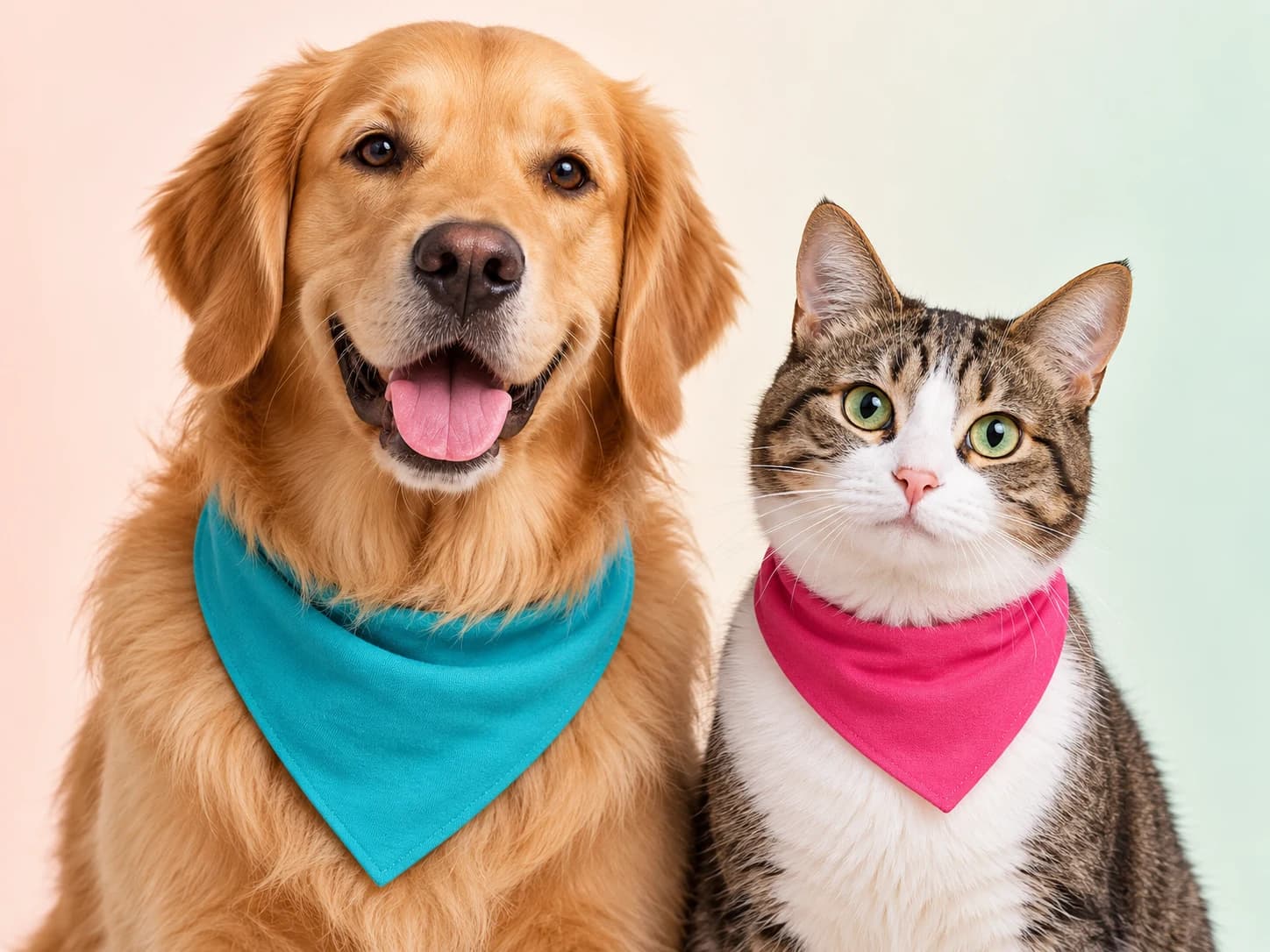 Golden retriever e gato com bandanas turquesa e rosa da Super Pet
