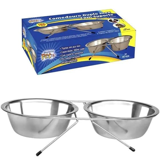 COMEDOURO PET INOX DUPLO COM SUPORTE 180ML INOX